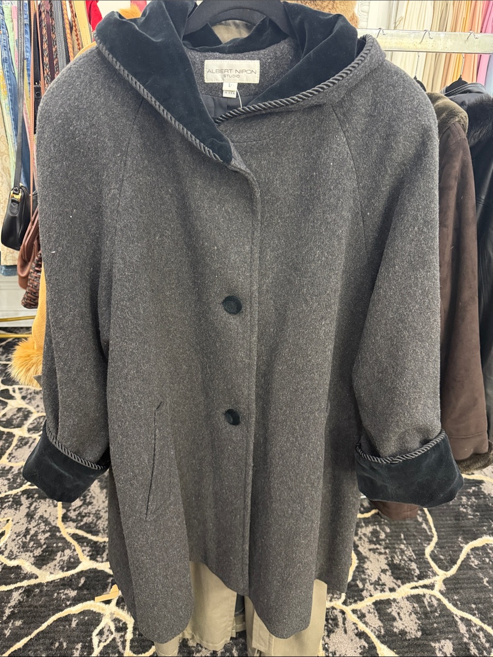 Albert Nipon Gray Wool-Blend Hooded Coat with Velvet Trim